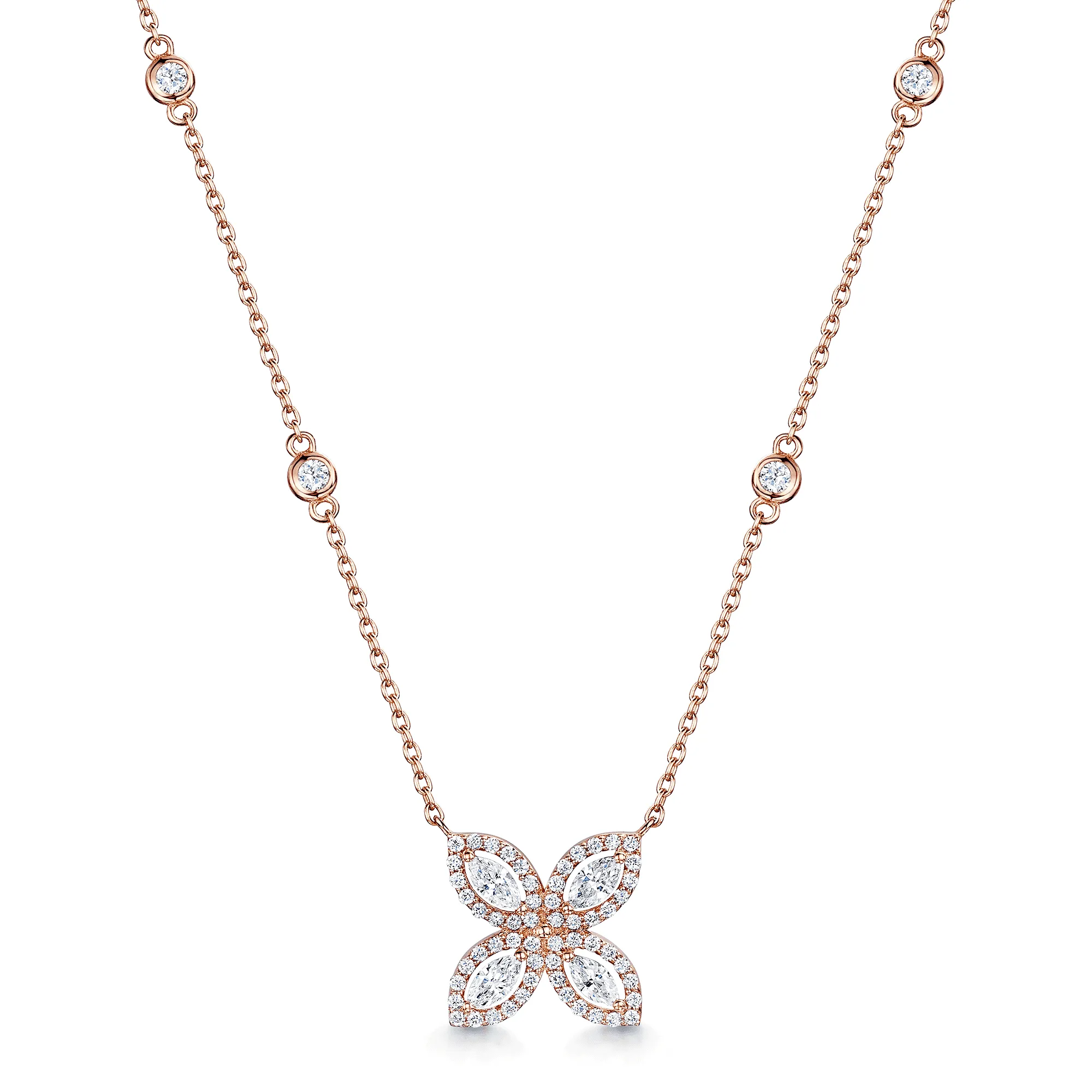 18ct Rose Gold Four Petal Marquise And Round Brilliant Cut Diamond Pendant