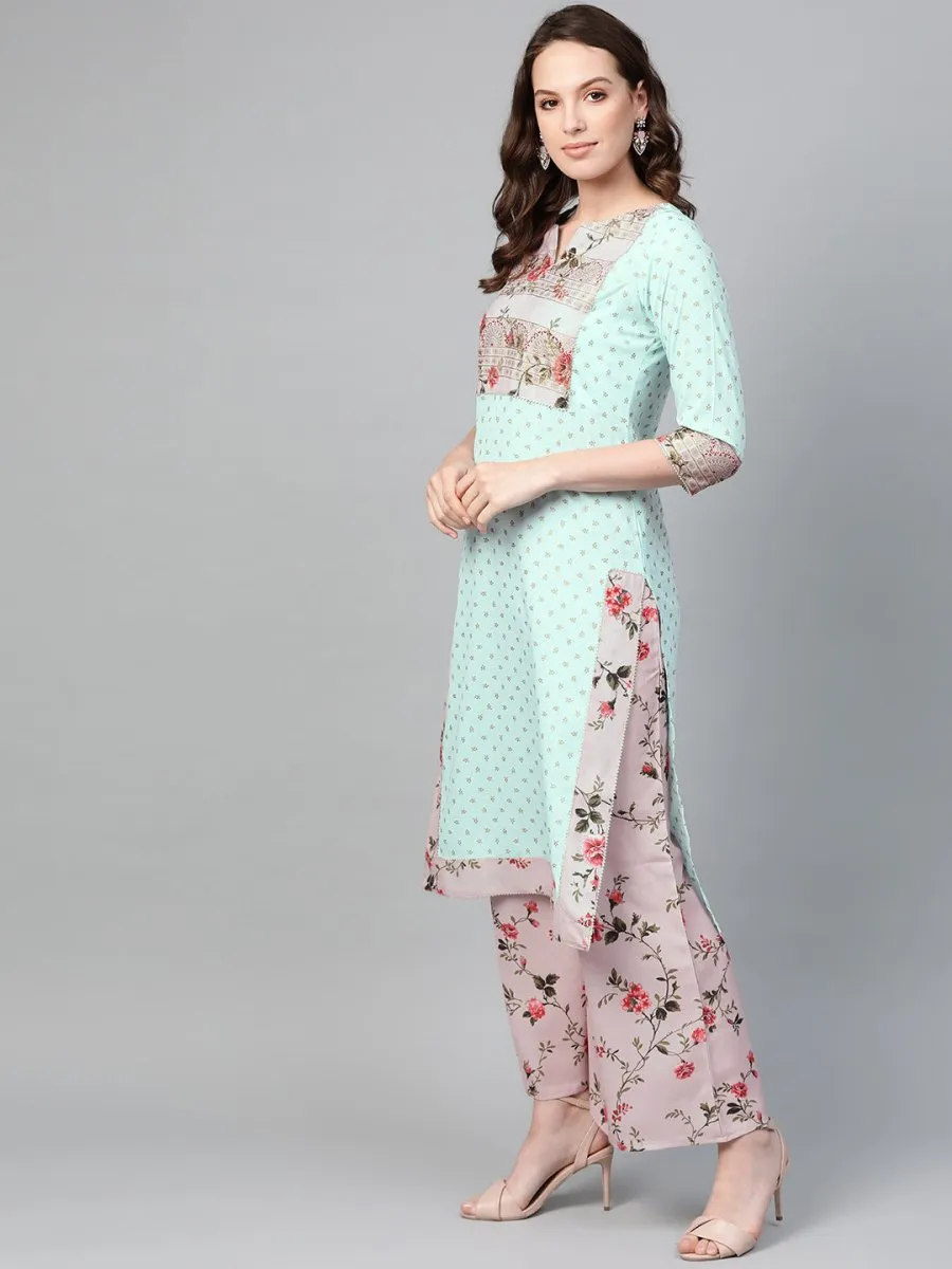 Ahalyaa Women Sea Green & Pink Printed Straight Kurta with Palazzos & Dupatta