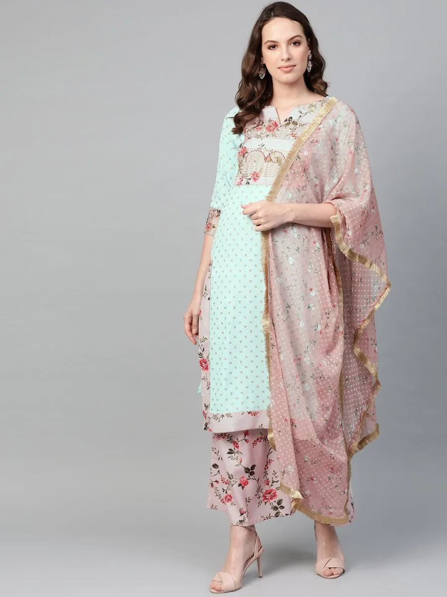 Ahalyaa Women Sea Green & Pink Printed Straight Kurta with Palazzos & Dupatta