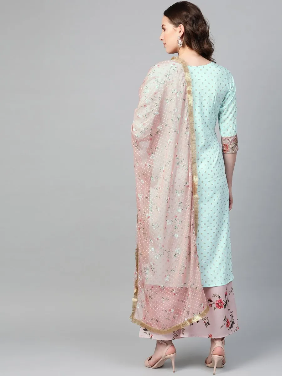 Ahalyaa Women Sea Green & Pink Printed Straight Kurta with Palazzos & Dupatta