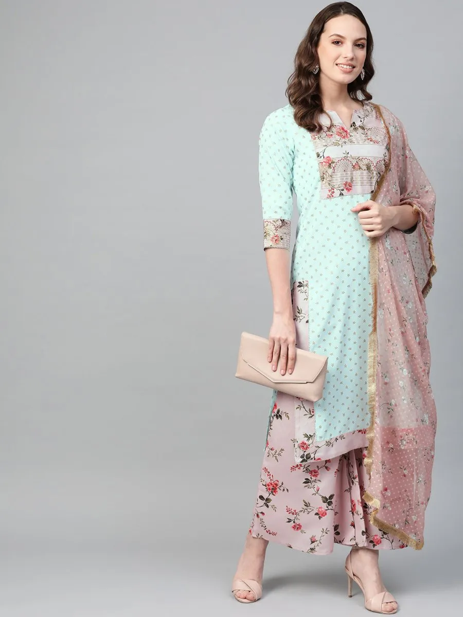 Ahalyaa Women Sea Green & Pink Printed Straight Kurta with Palazzos & Dupatta