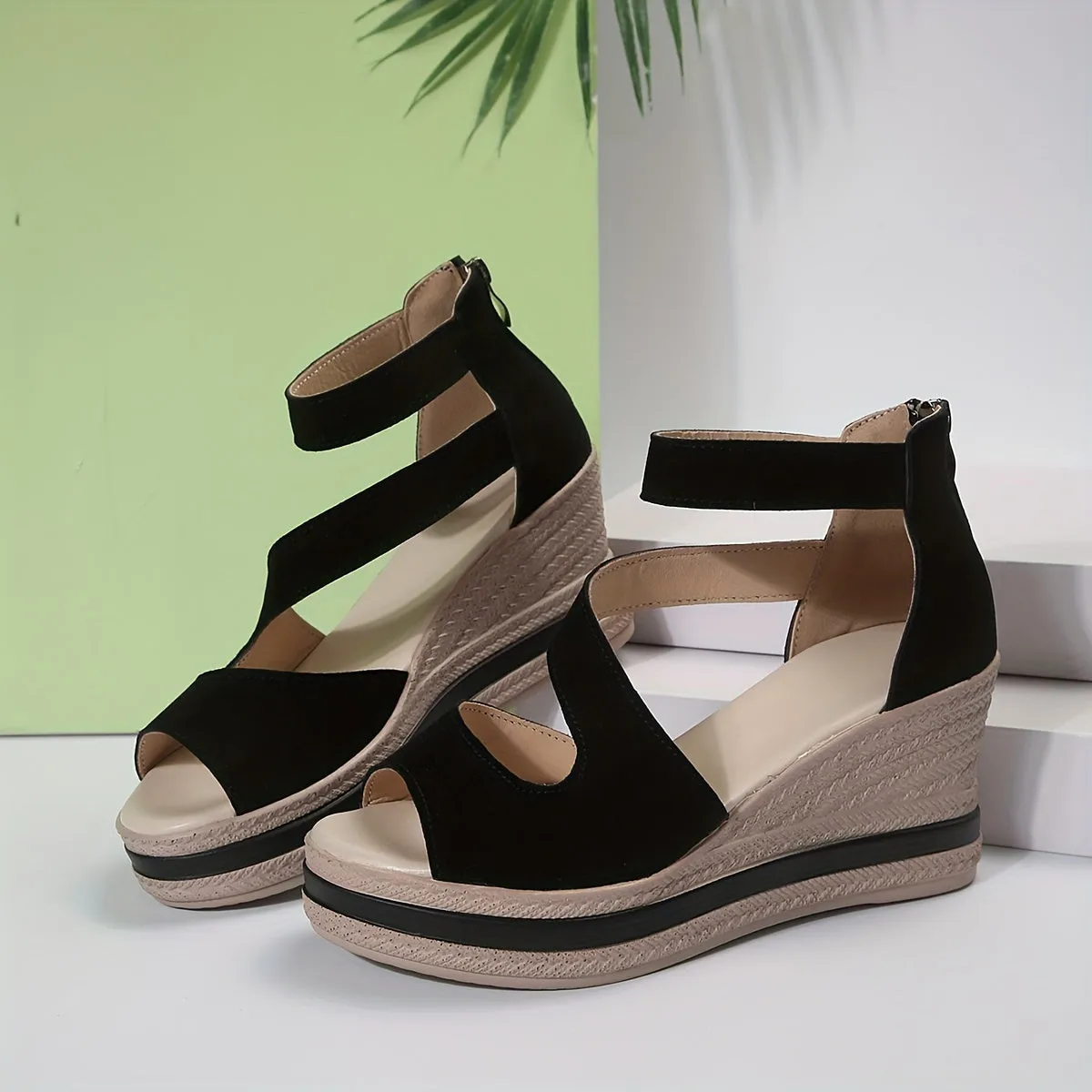 Amozae-Chic Platform Wedge Sandals for Women - Easy Zip, Hollow-Out Design, Comfy for Beach & Vacation