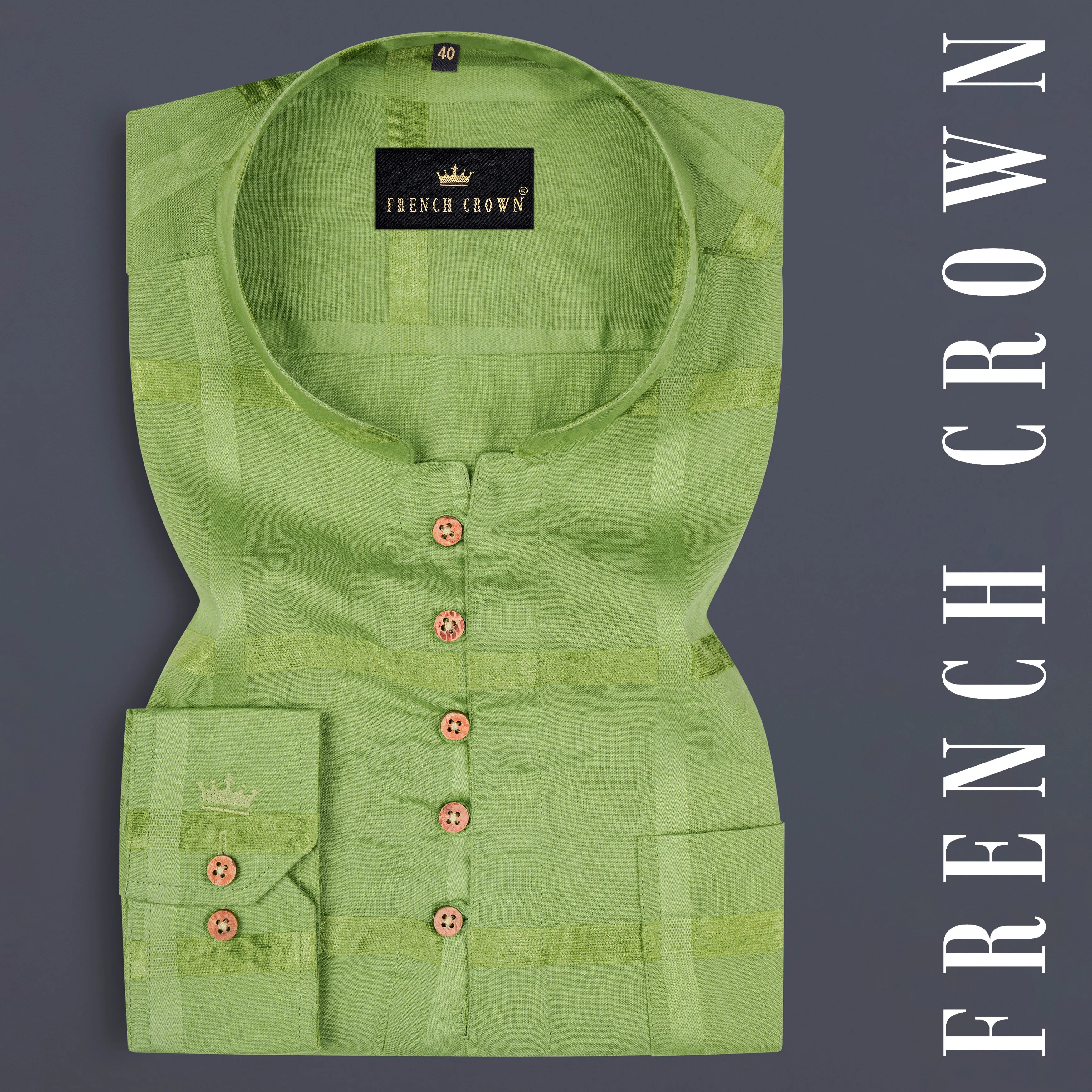 Asparagus Green Velvet Windowpane Dobby Textured Premium Giza Cotton Kurta Shirt