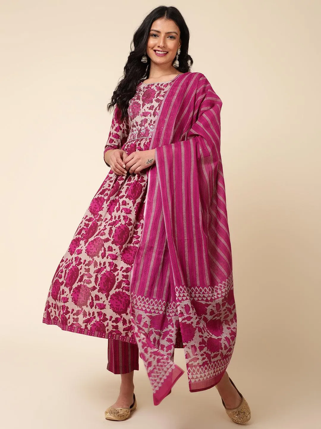 Bani Women Yoke Design Fuchsia Kurta Pant Set With Dupatta