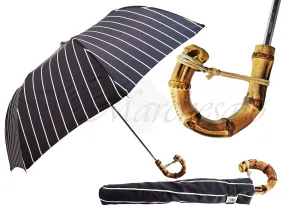 Black and White Striped Men's Folding Umbrella - Whangee Bamboo Handle