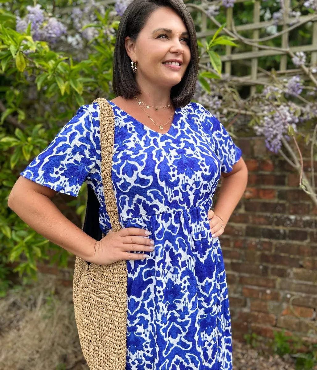 Blue Ikat Baroque Print Floral Midi Dress