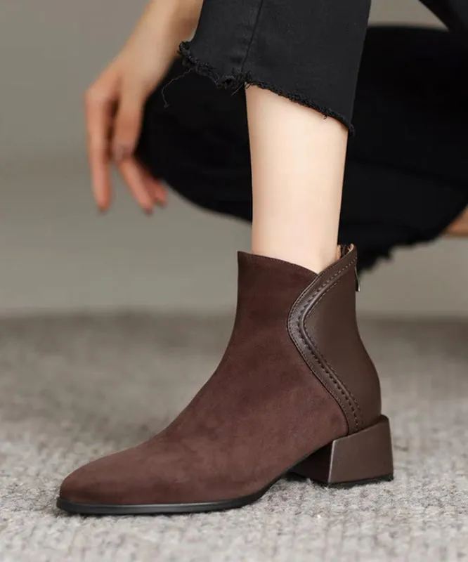 Brown Splicing Elegant Chunky Suede Boots ML1728