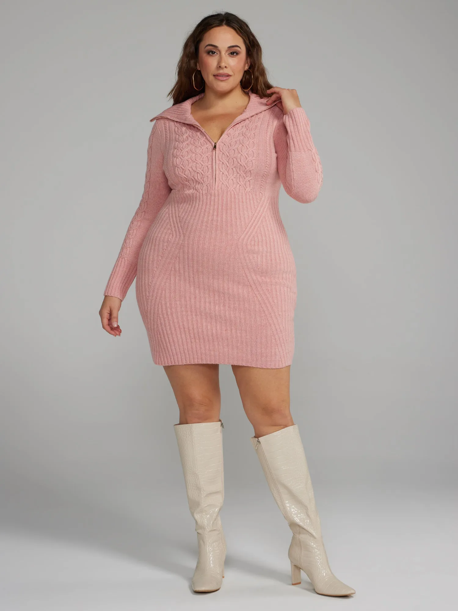 Cable Knit Half Zip Sweater Dress