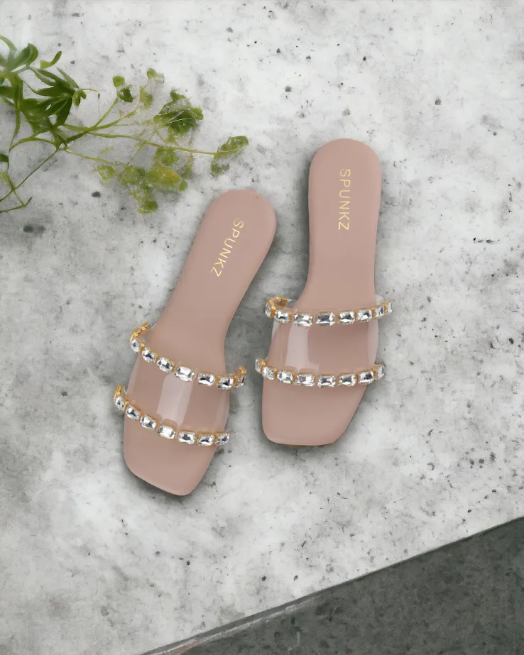 Chameli Pink Clear Vinyl Diamontee Embellished Studded Flat Slide