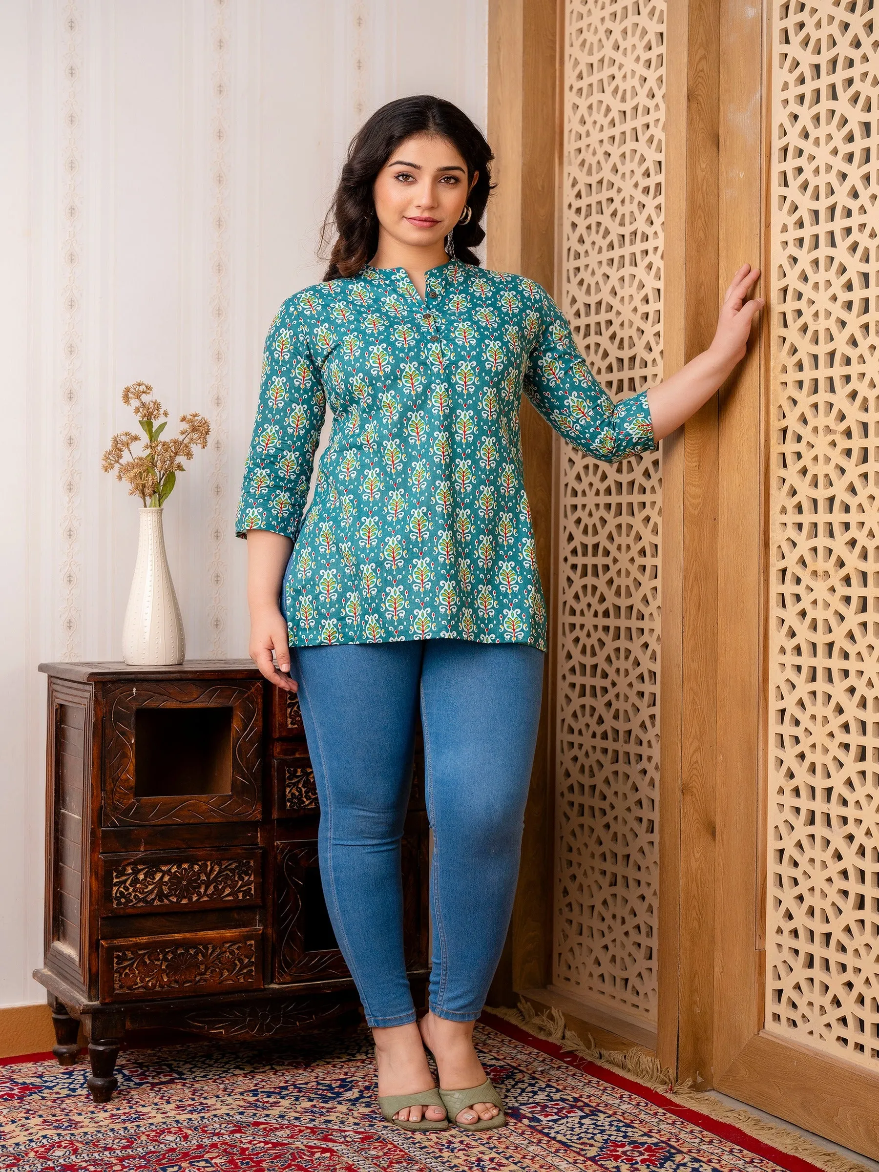 Charming Green Pure Cotton Straight Short Kurti or Top