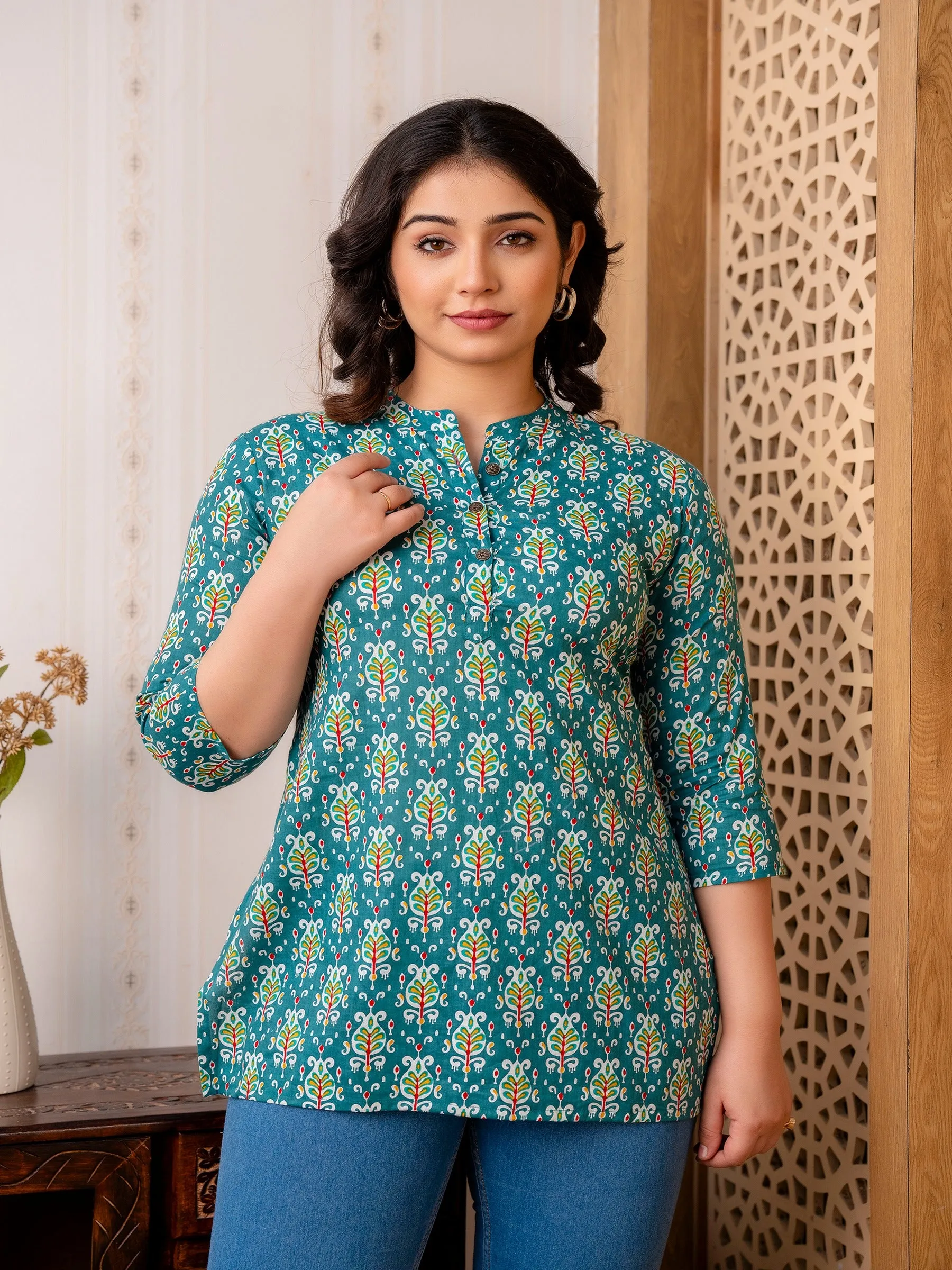 Charming Green Pure Cotton Straight Short Kurti or Top