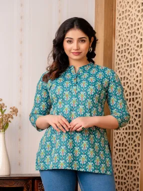 Charming Green Pure Cotton Straight Short Kurti or Top