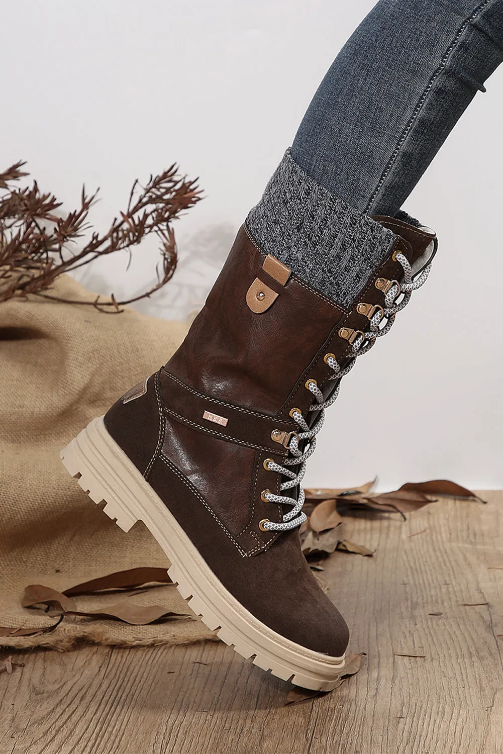 Coffee Wool Knit Patchwork Lace Up Leather Boots