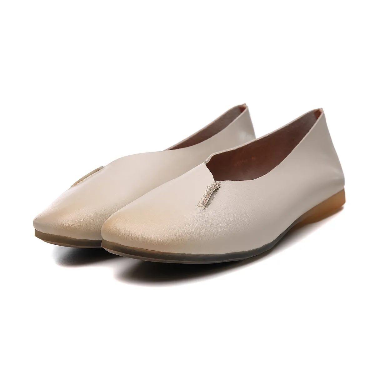 Designer Shoes Genuine Leather Slip-on For Women Handmade Flats Brown/White