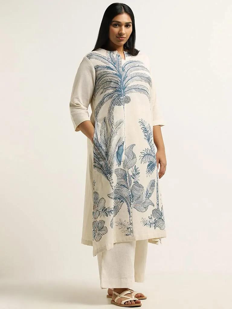 Diza Indigo Printed Blended Linen Kurta