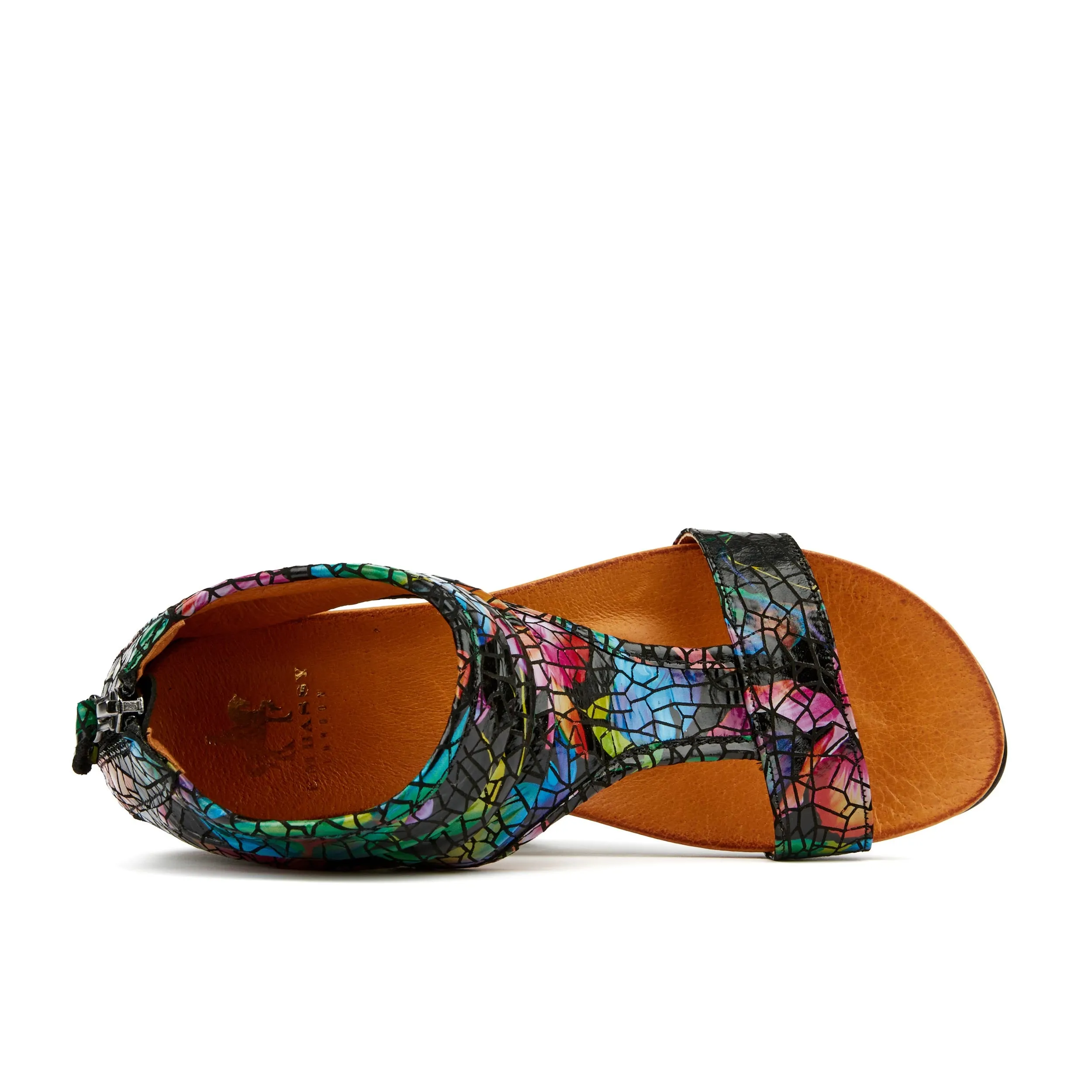 Downtown - Tropical - Women's covered heel flat leather sandal with T Bar strap