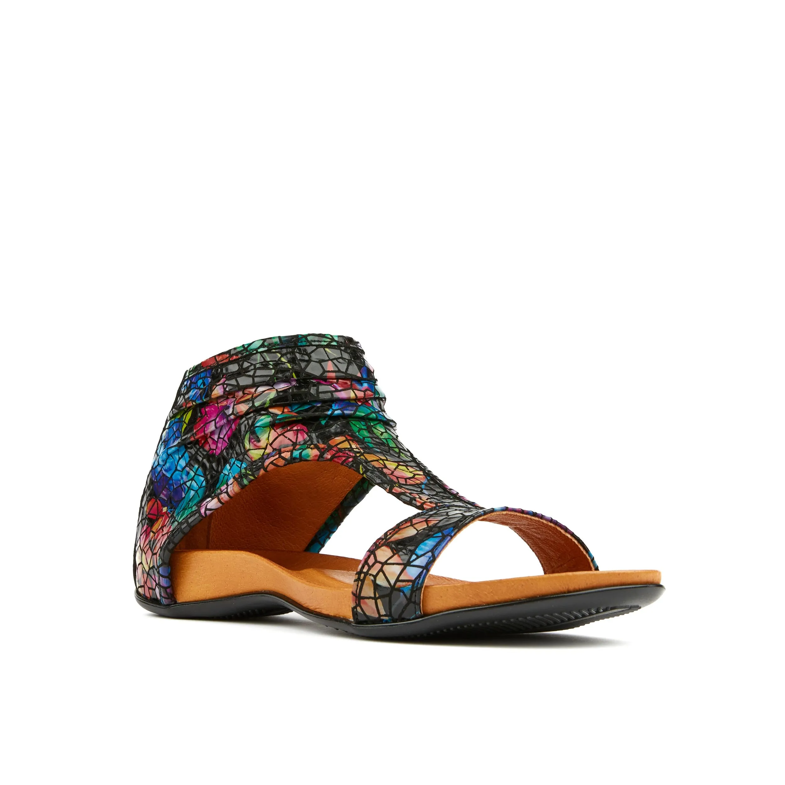 Downtown - Tropical - Women's covered heel flat leather sandal with T Bar strap