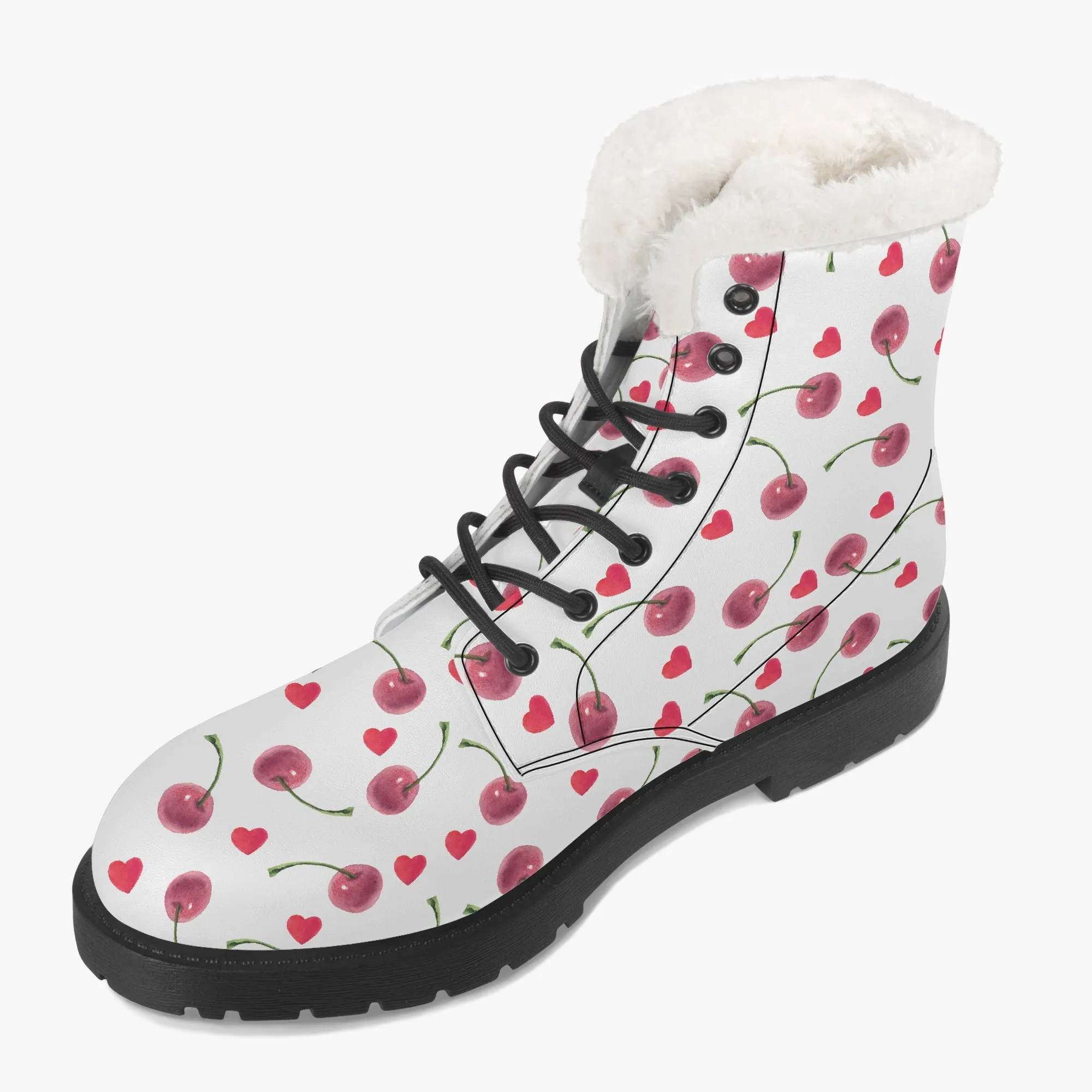 Faux Fur Leather Boots Cherries