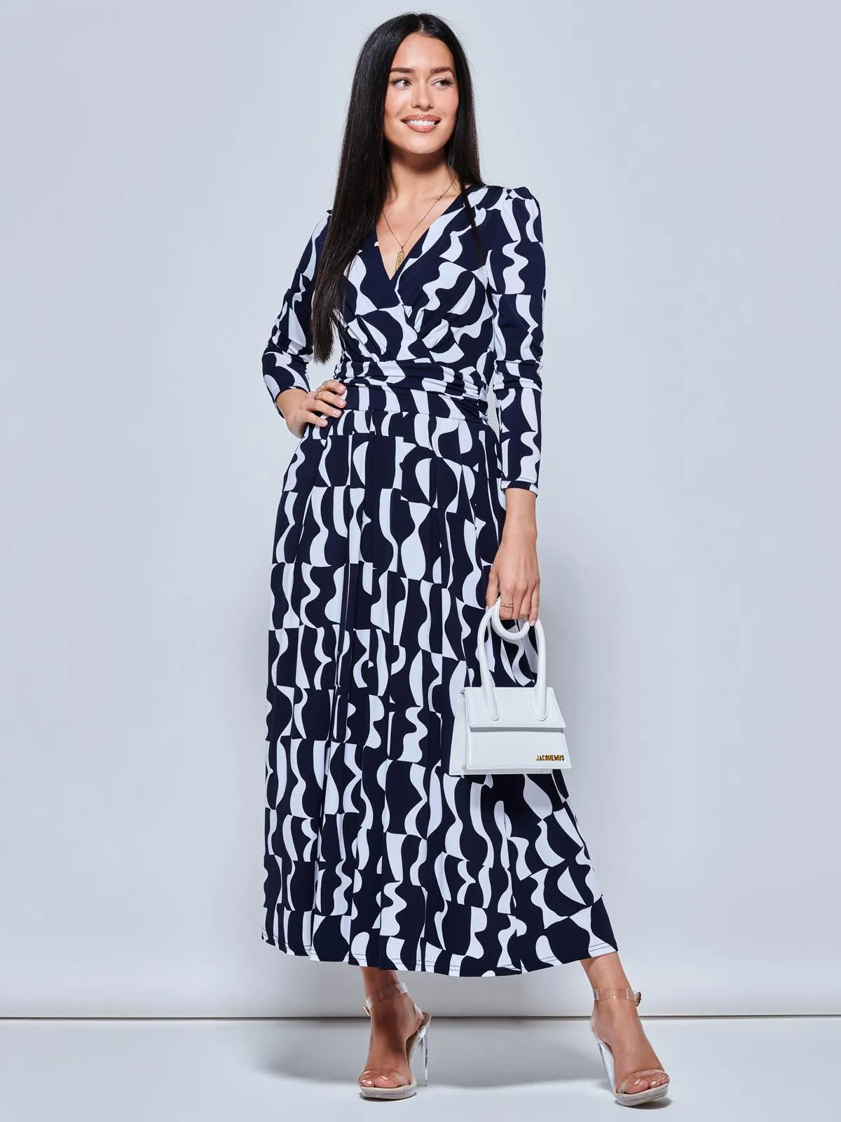 Geometric Print Long Sleeve Maxi Dress, Navy Geo