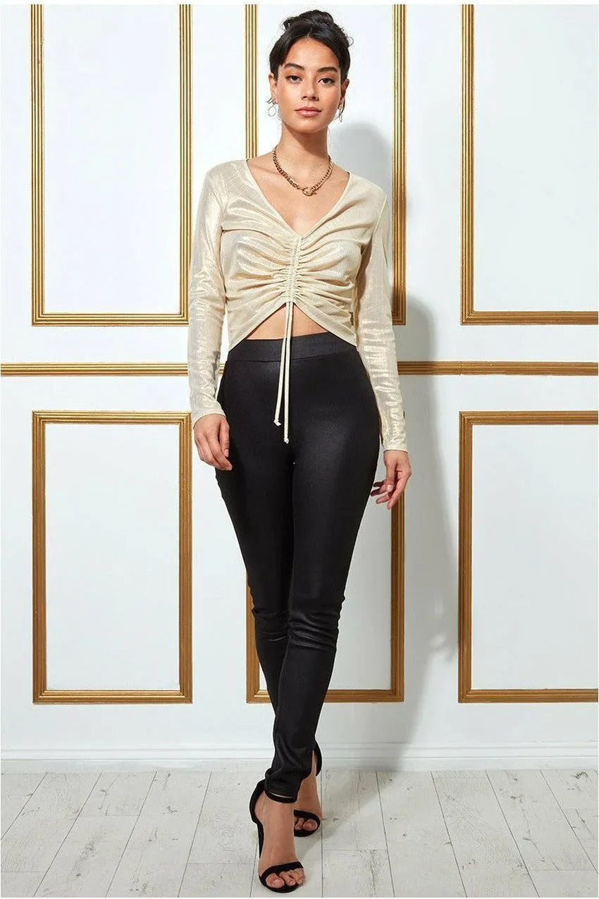 Goddiva Metallic String Long Sleeve Top - Creamgold