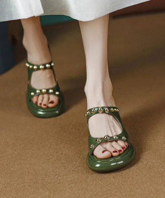 Green Faux Leather Chic Rivet Splicing Peep Toe Chunky Slide Sandals