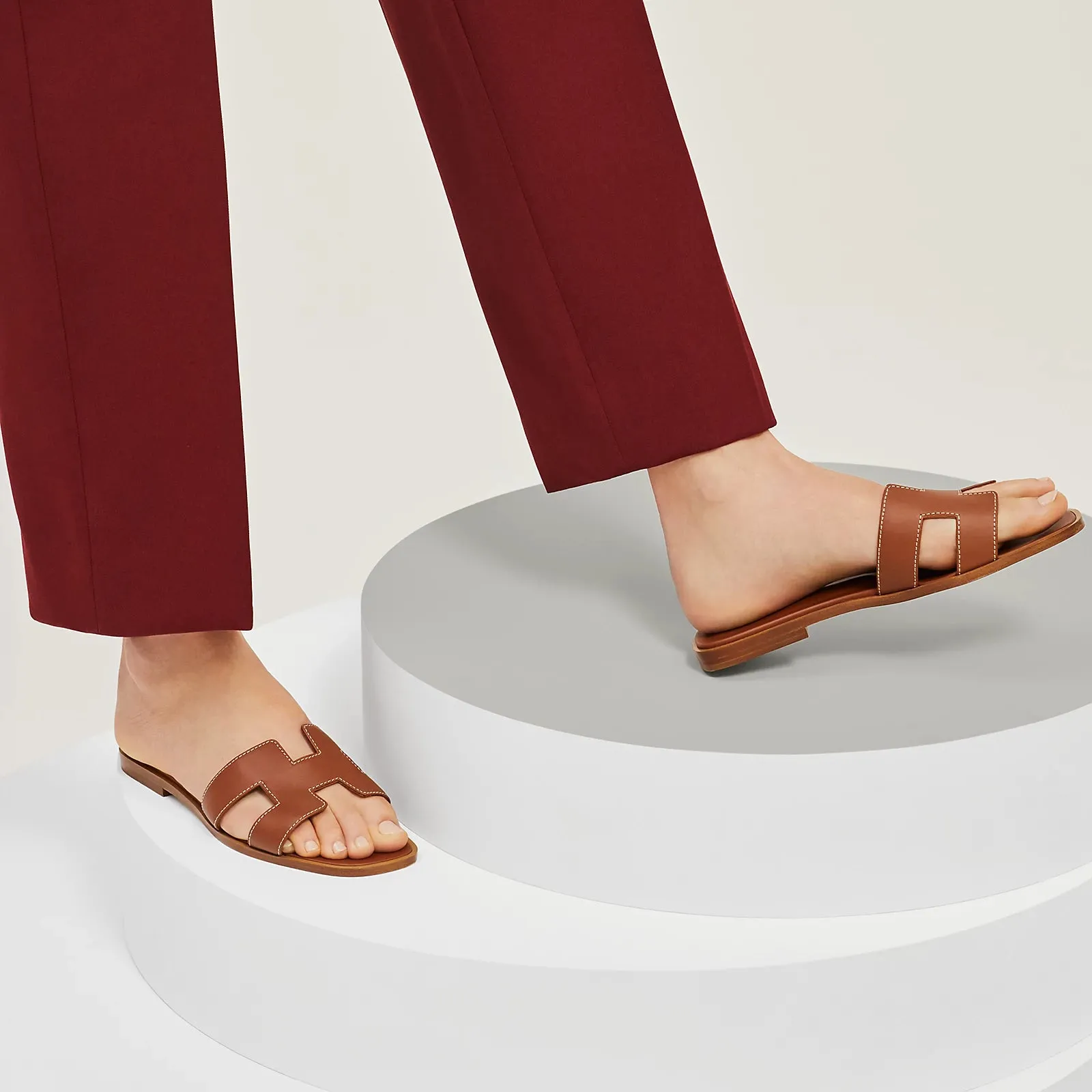 Hania Iconic Brown "H" Cut-Out Faux Leather Flat Slides