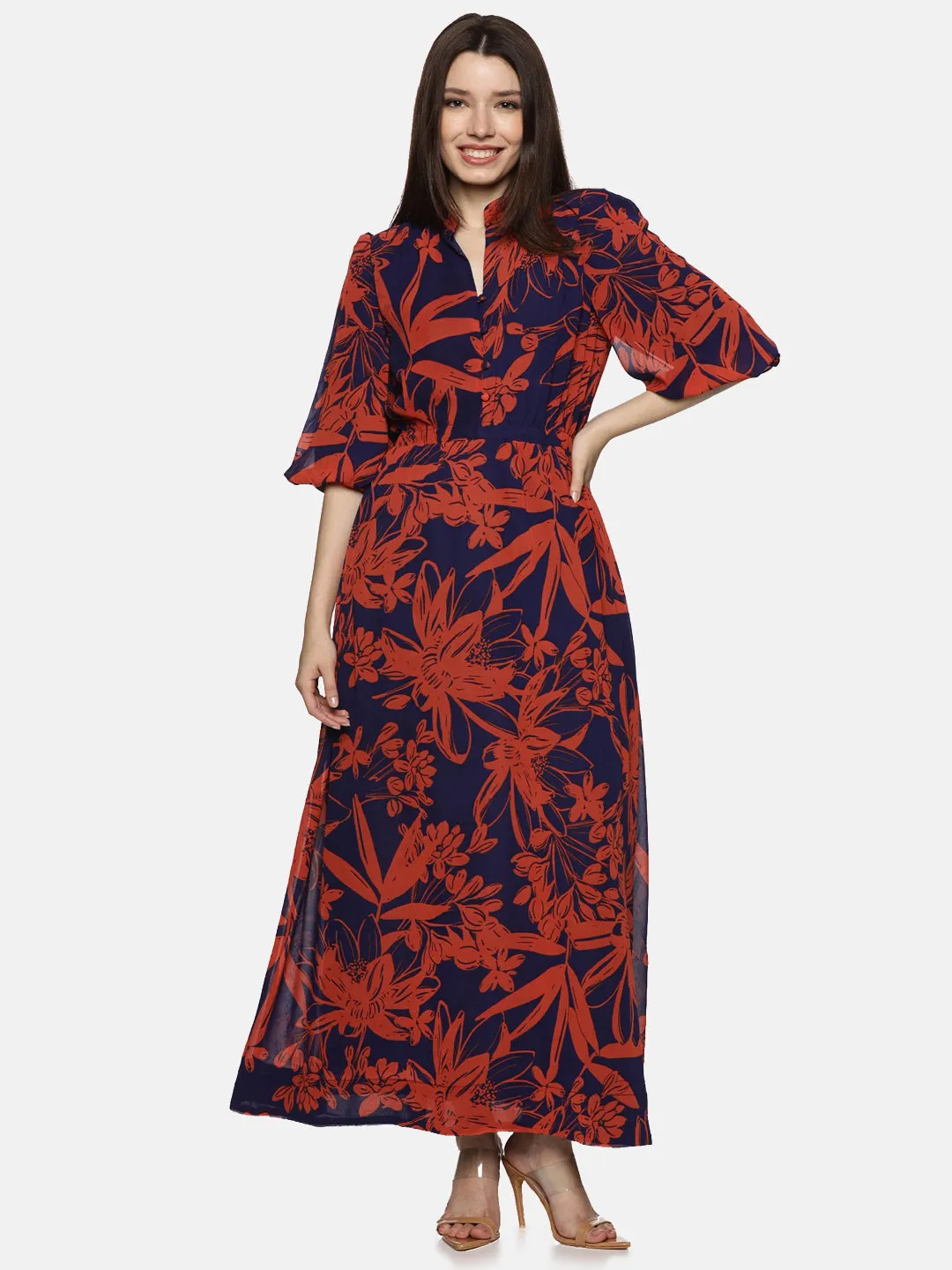 IS.U Floral Blue Printed Baloon Sleeve Dress