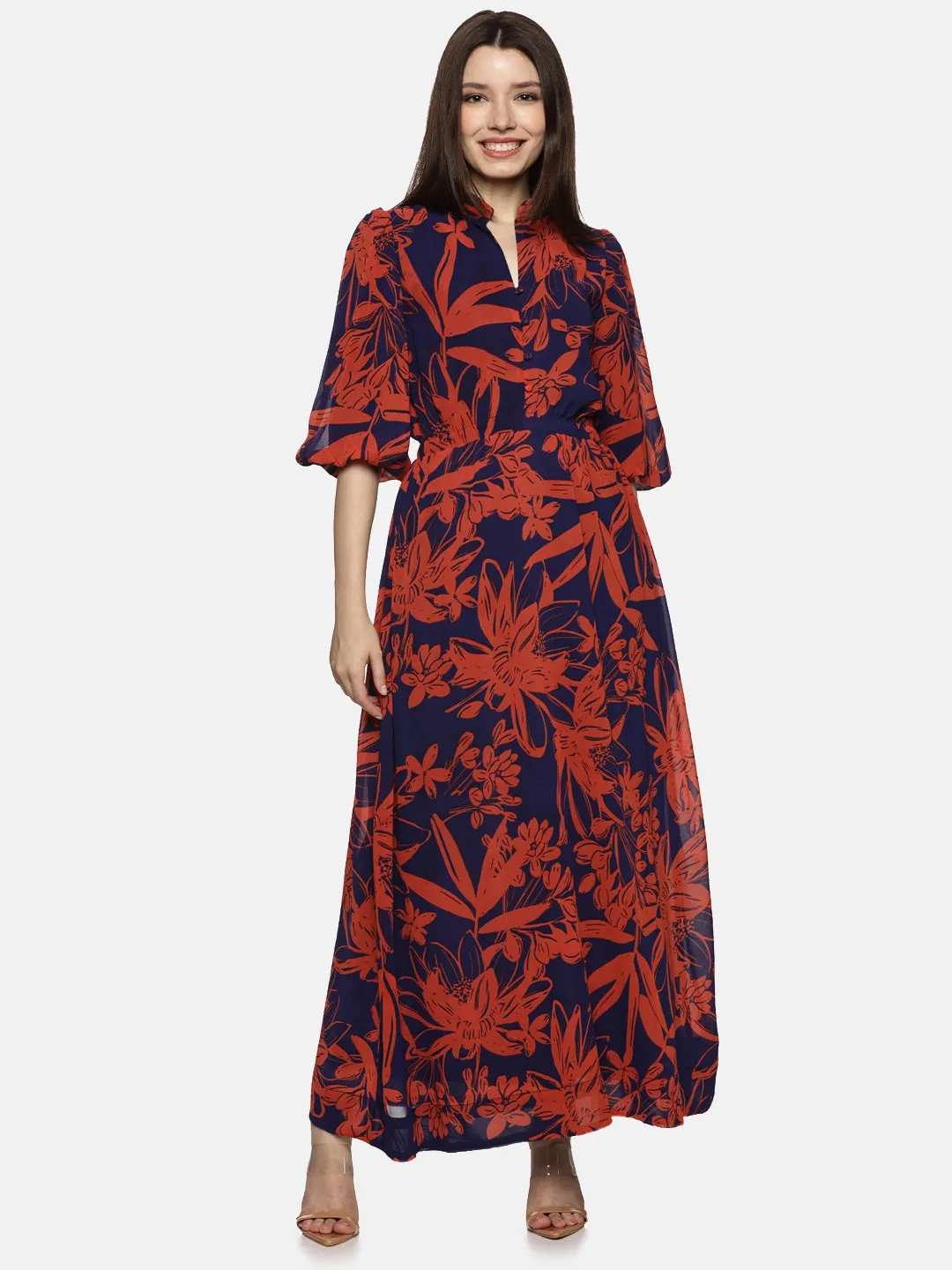 IS.U Floral Blue Printed Baloon Sleeve Dress