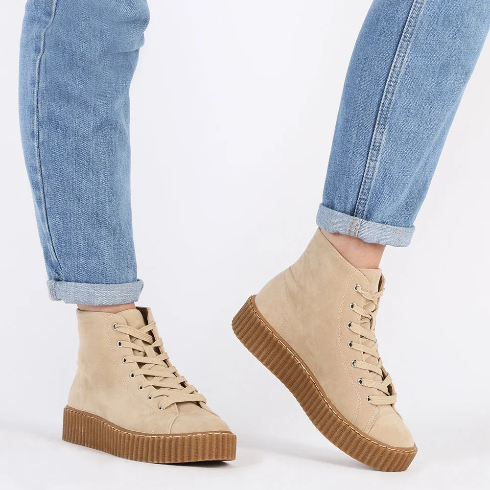 Iyla Hi Top Creepers in Nude Faux Suede and Gum Sole