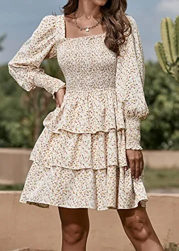 KIRUNDO 2023 Spring Summer Women's Square Neck Floral Print Tiered Ruffle Mini Dress Long Sleeve Tie Back Smocked Dresses(Apricot, X-Large)