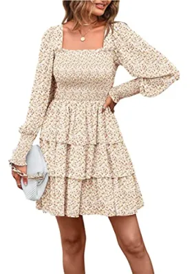 KIRUNDO 2023 Spring Summer Women's Square Neck Floral Print Tiered Ruffle Mini Dress Long Sleeve Tie Back Smocked Dresses(Apricot, X-Large)