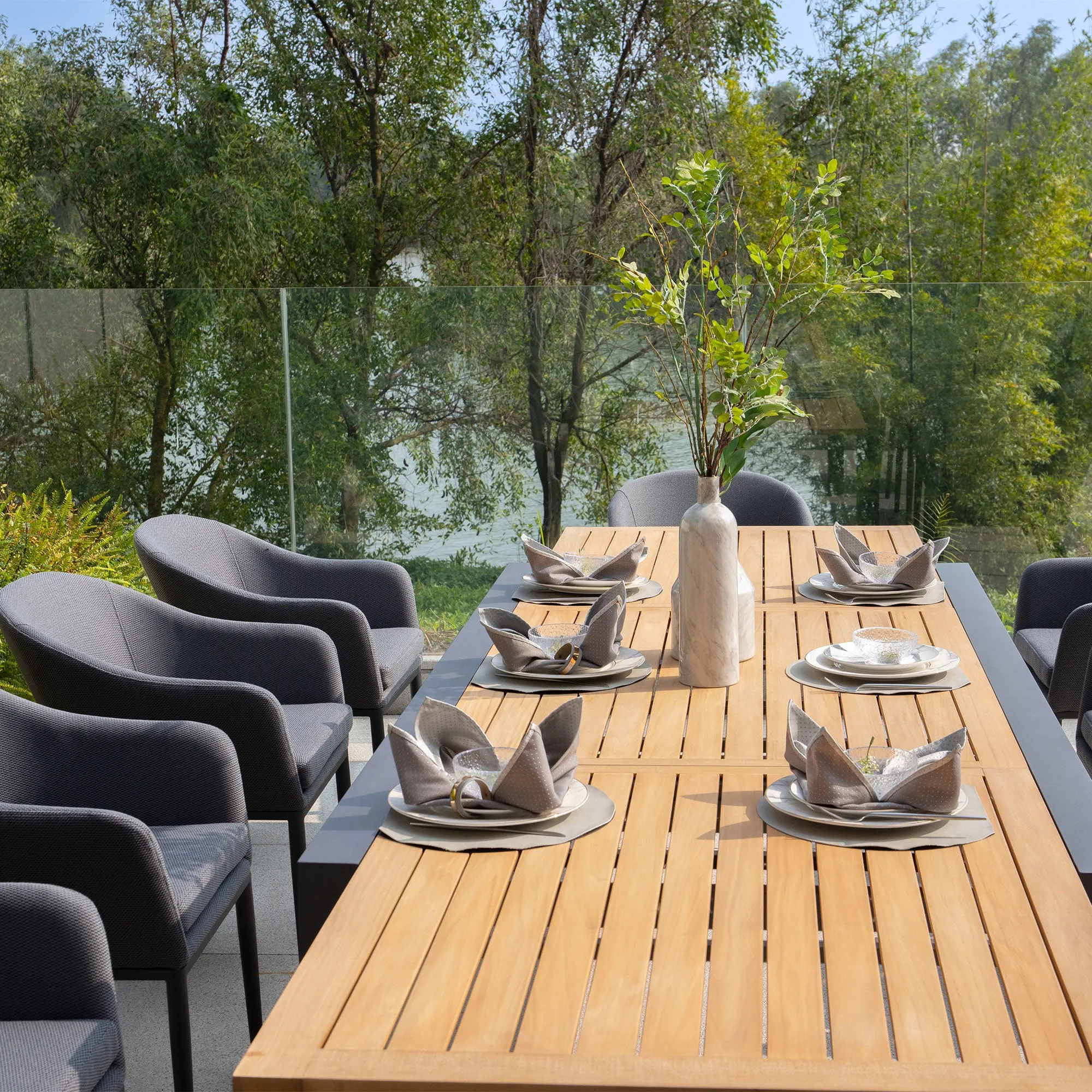 Luna 8 Seat Outdoor Fabric Extending Teak Dining Set in Grey