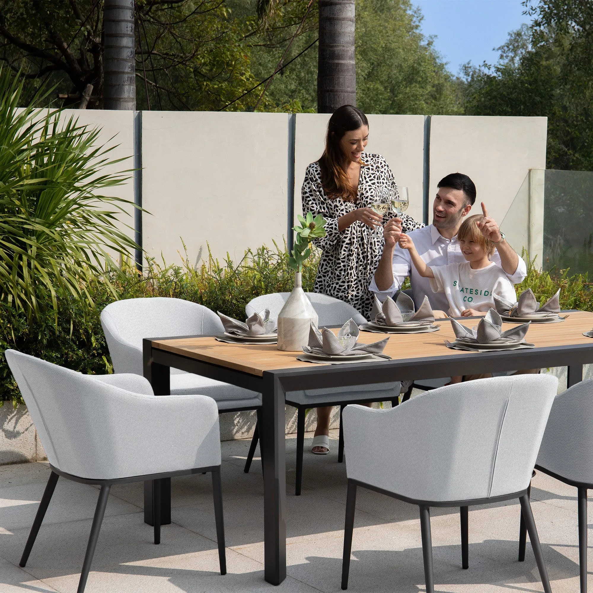 Luna 8 Seat Outdoor Fabric Extending Teak Dining Set in Oyster Grey