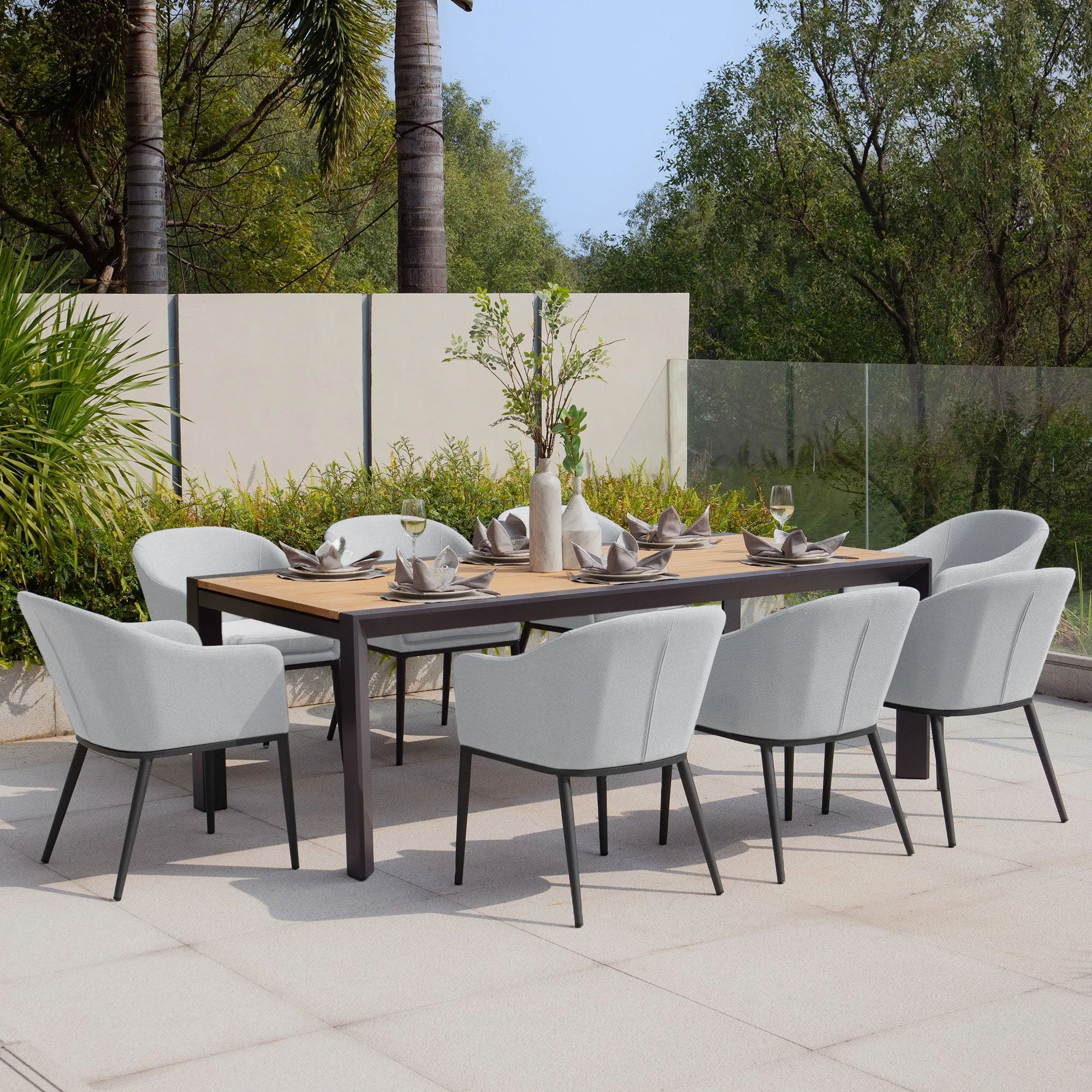 Luna 8 Seat Outdoor Fabric Extending Teak Dining Set in Oyster Grey