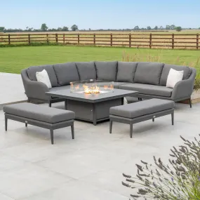 Luna Deluxe Outdoor Fabric Square Corner Dining Set with Rising Firepit Table in Grey