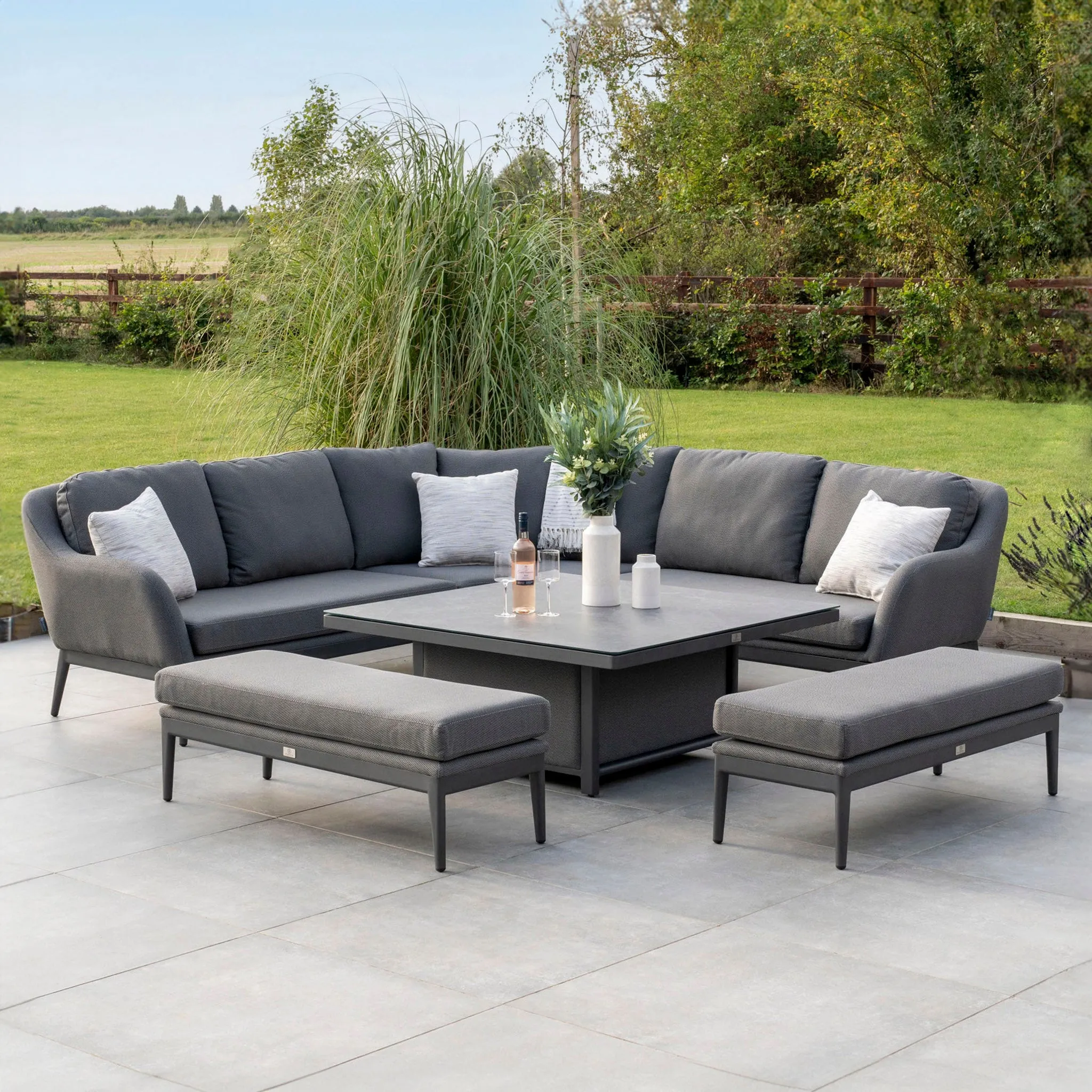 Luna Deluxe Outdoor Fabric Square Corner Dining Set with Rising Table in Grey