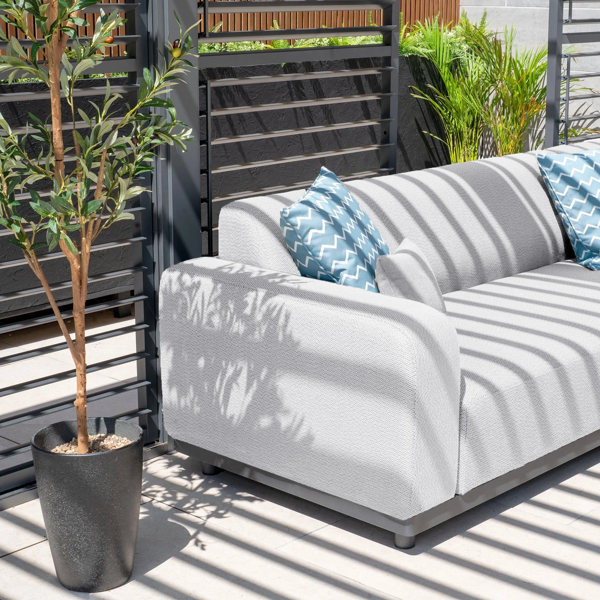 Luna Outdoor Fabric Corner Group Set with Firepit Coffee Table in Oyster Grey