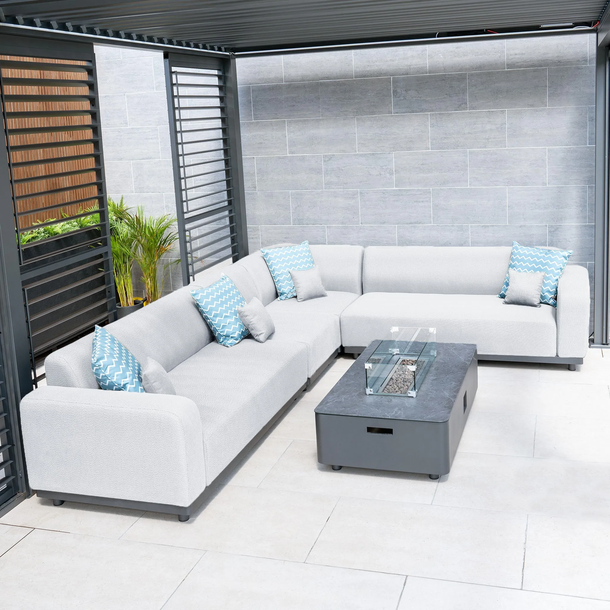 Luna Outdoor Fabric Corner Group Set with Firepit Coffee Table in Oyster Grey