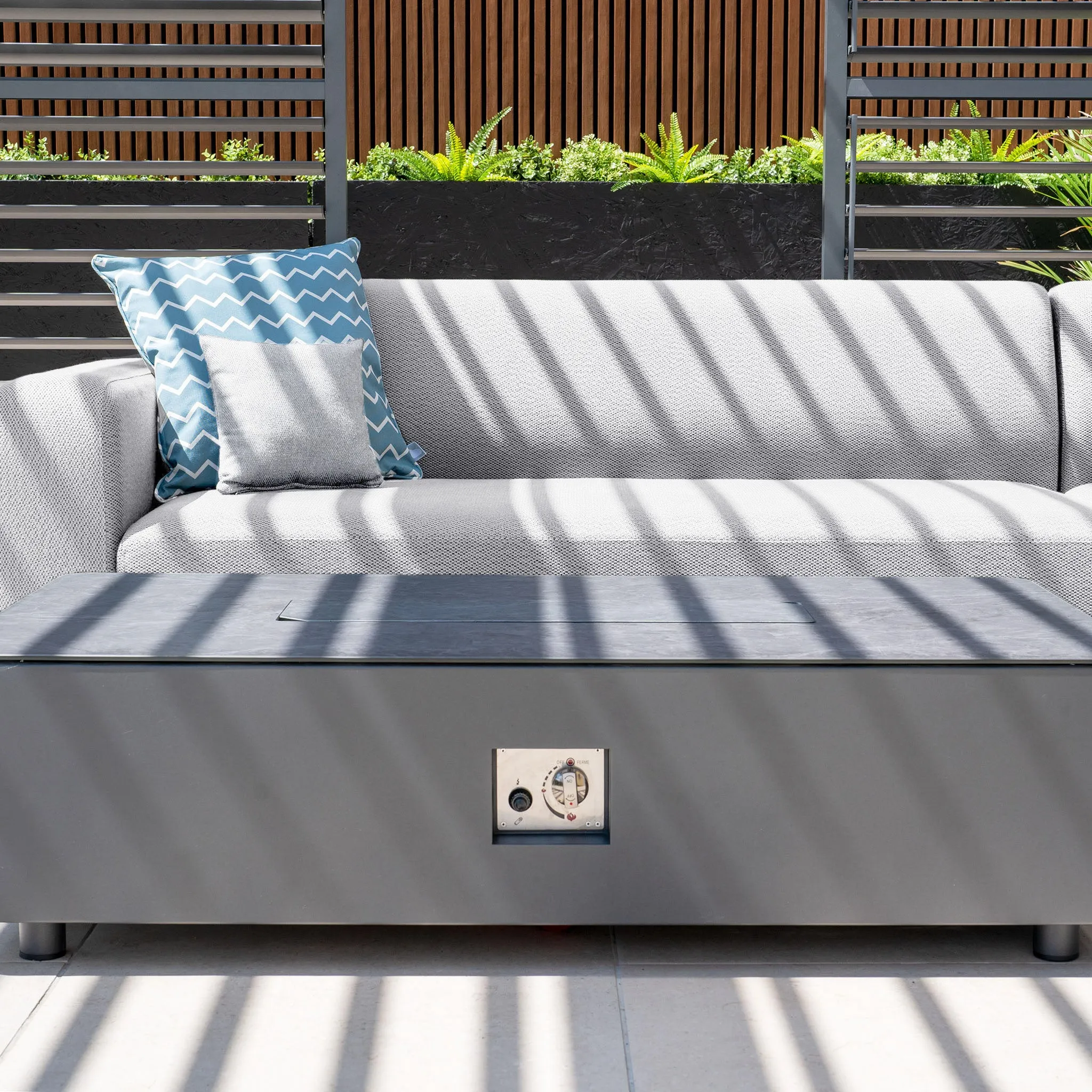 Luna Outdoor Fabric Corner Group Set with Firepit Coffee Table in Oyster Grey