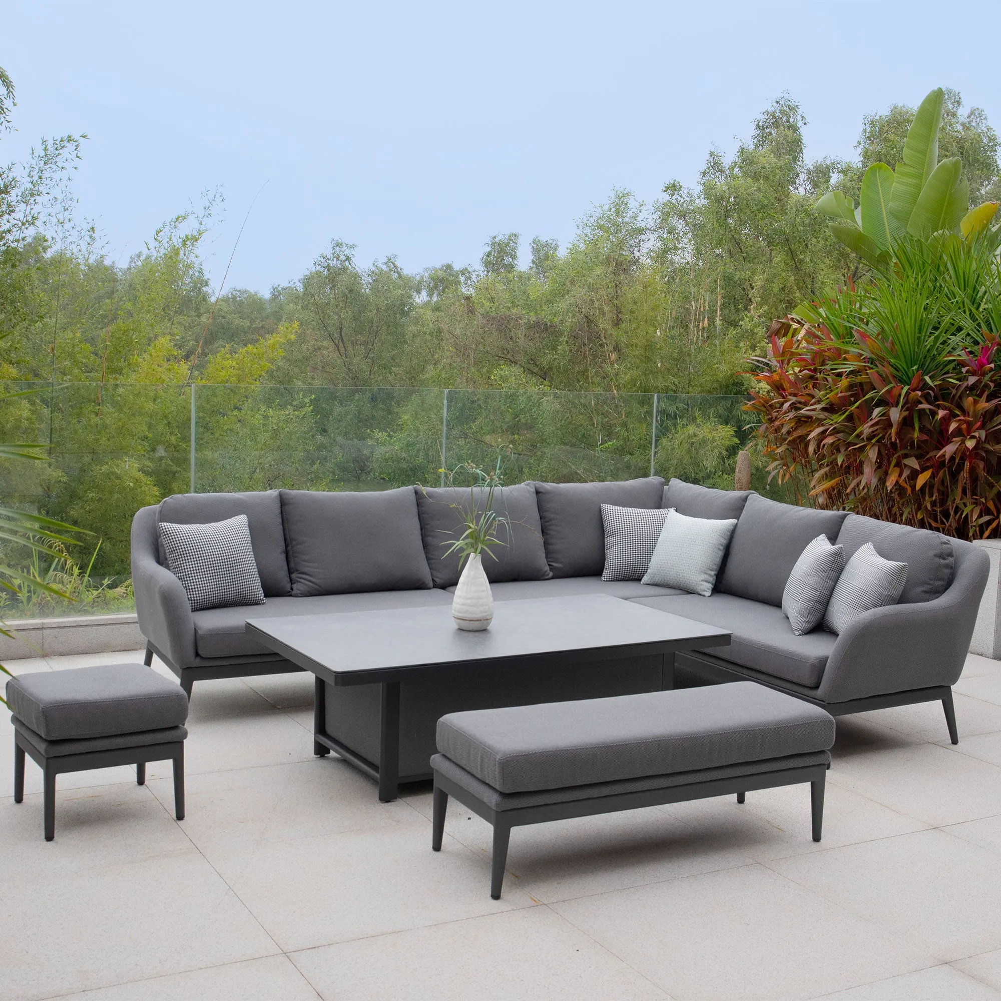 Luna Outdoor Fabric Rectangular Corner Dining Set with Rising Table in Grey (Right Hand)