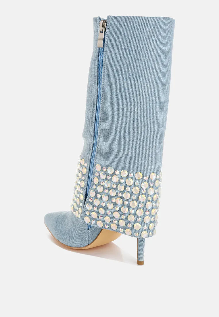 Mike Drop Diamante & Rhinestones Denim Boots