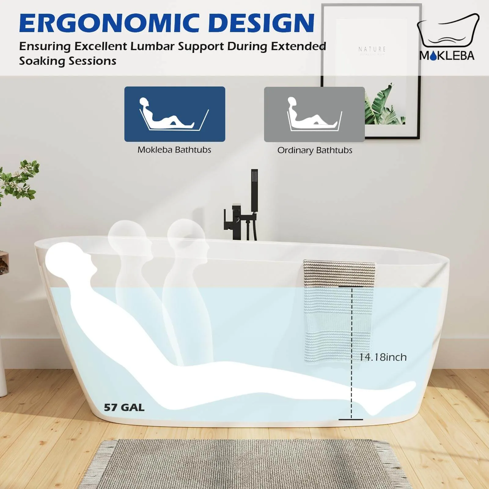 Mokleba 59'' Acrylic Single Slipper Bathtub, Modern Style, Color Consistency, Exclusive Patent