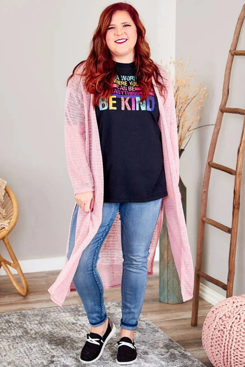 Plus Size Pink Sheer Knit Cardigan