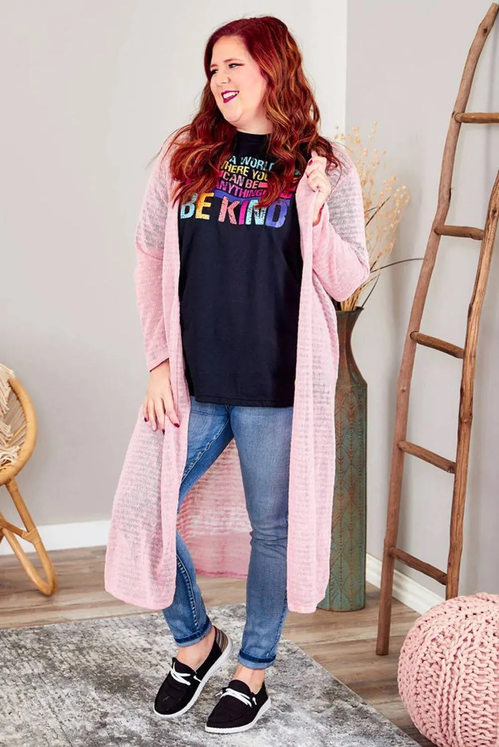 Plus Size Pink Sheer Knit Cardigan