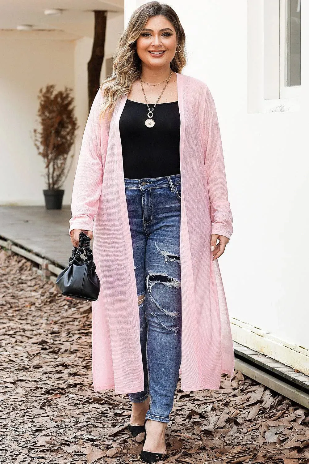 Plus Size Pink Sheer Knit Cardigan