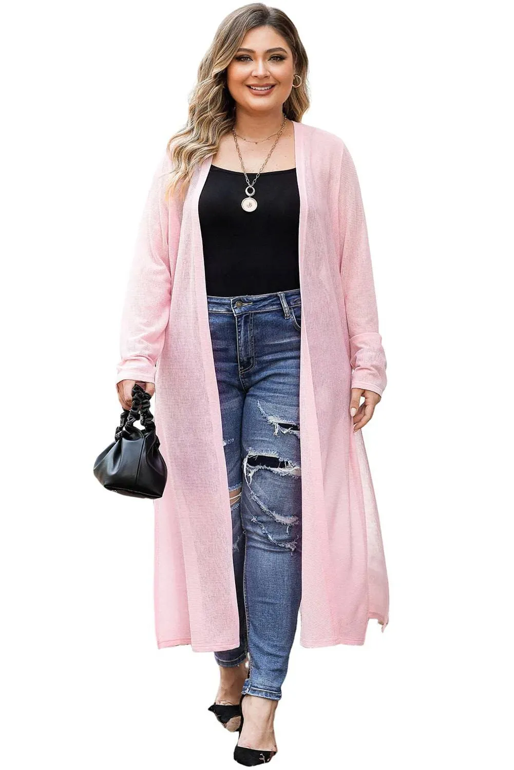 Plus Size Pink Sheer Knit Cardigan