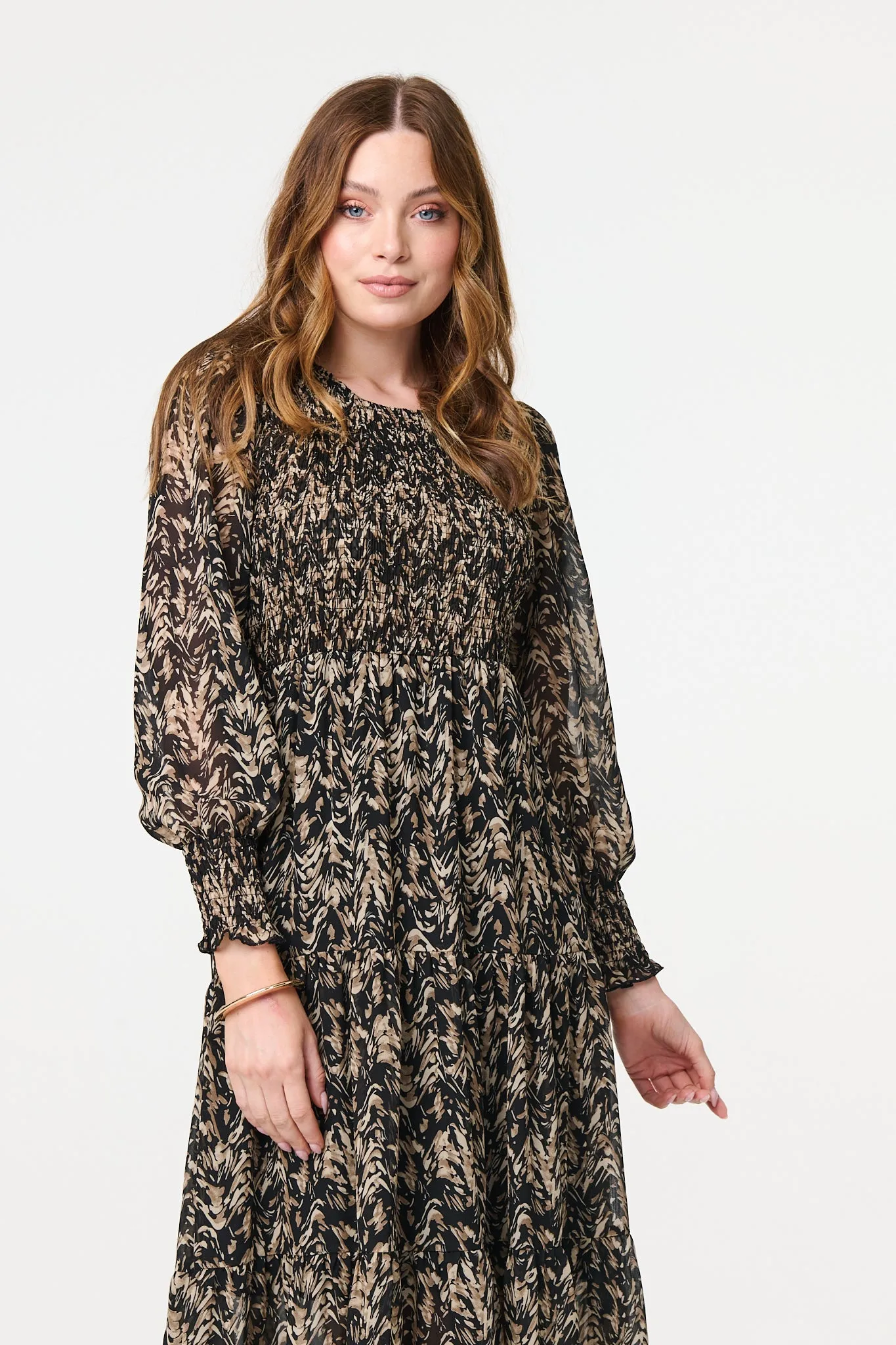 Printed Long Sleeve Semi Sheer Smock Midi Dress