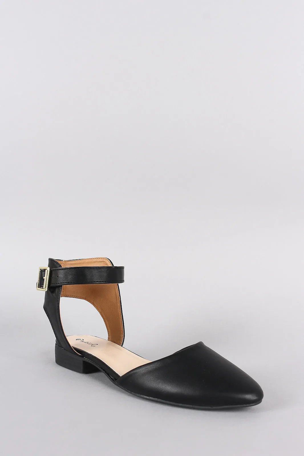 Qupid Almond Toe Buckled Ankle Strap Flat