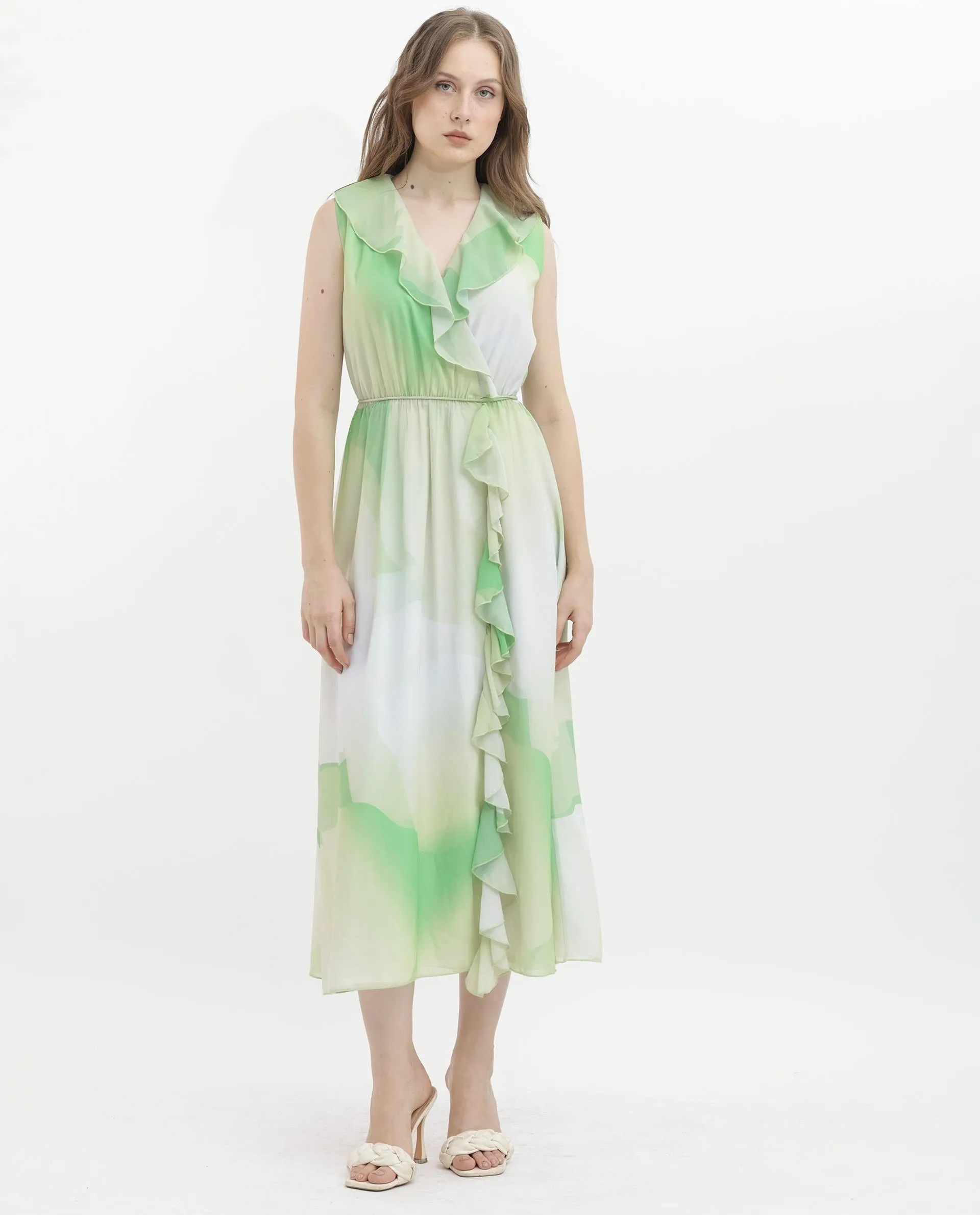 Rareism Women Alicia Green Georgette Fabric Tie-Up Closure Ruffled Neck Sleeveless Regular Fit Abstract Print Maxi Dress