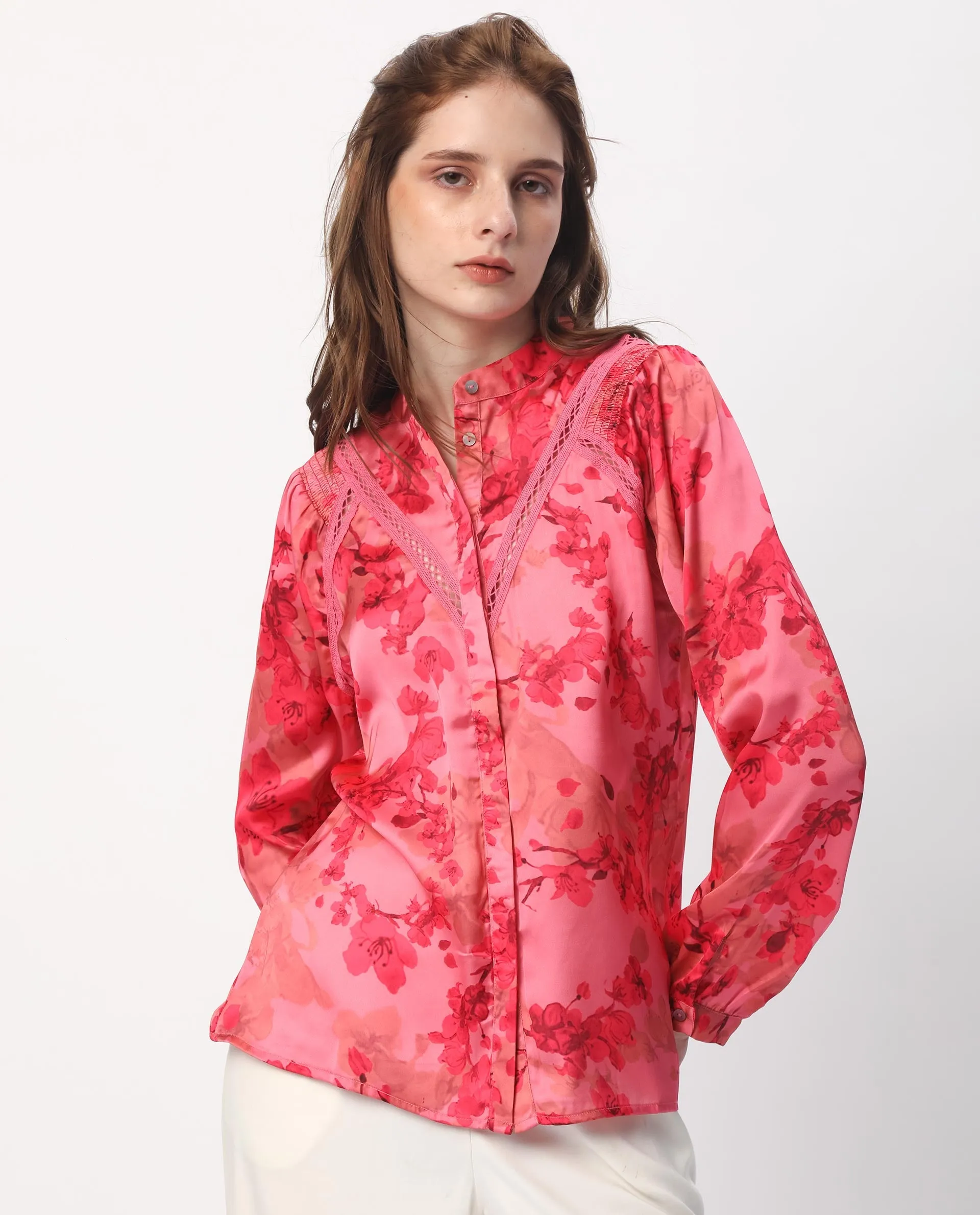 Rareism Women Gelbs Pink Polyester Fabric Full Sleeves Button Closure Mandarin Collar Regular Fit Floral Print Knee Length Top